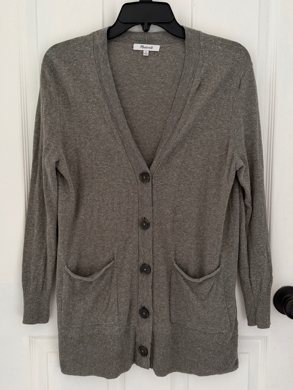 Madewell Gray Silk Blend Button-Front V-Neck Relaxed Boyfriend Cardigan Sweater